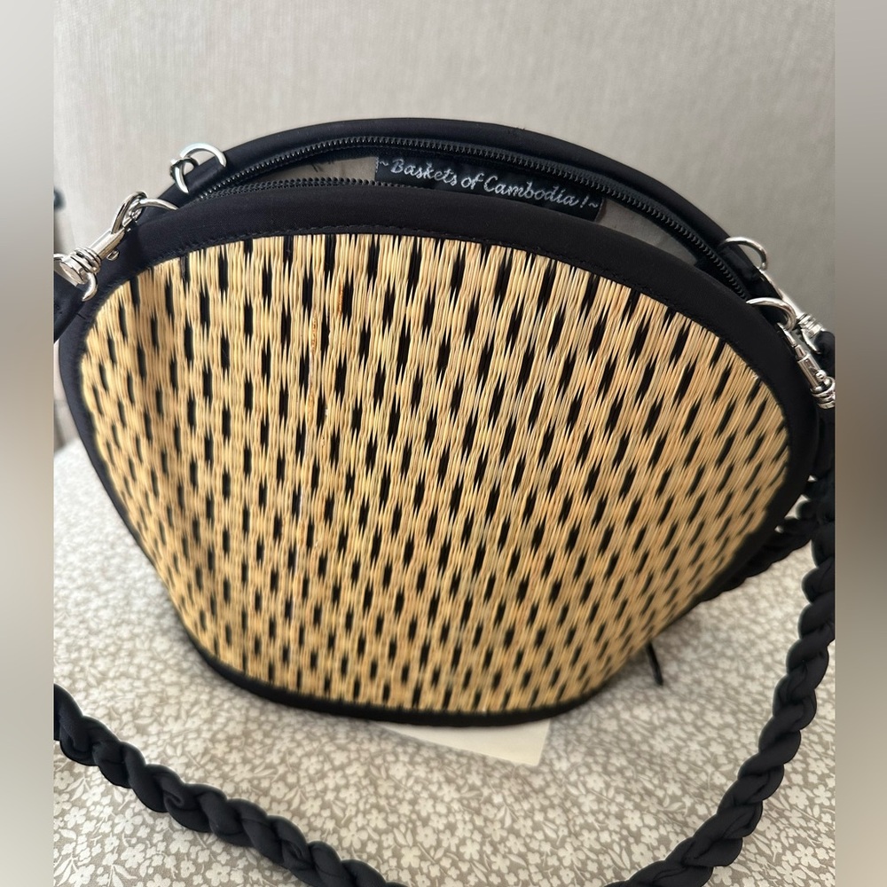 Baskets of Cambodia woven bamboo canvas shoulder bag